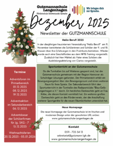 Weihnachtlich gestaltete Titelseite des Newsletters der Gutzmannschule Langenhagen für Dezember 2025 mit Terminen, Schulnachrichten und Kontaktinformationen.